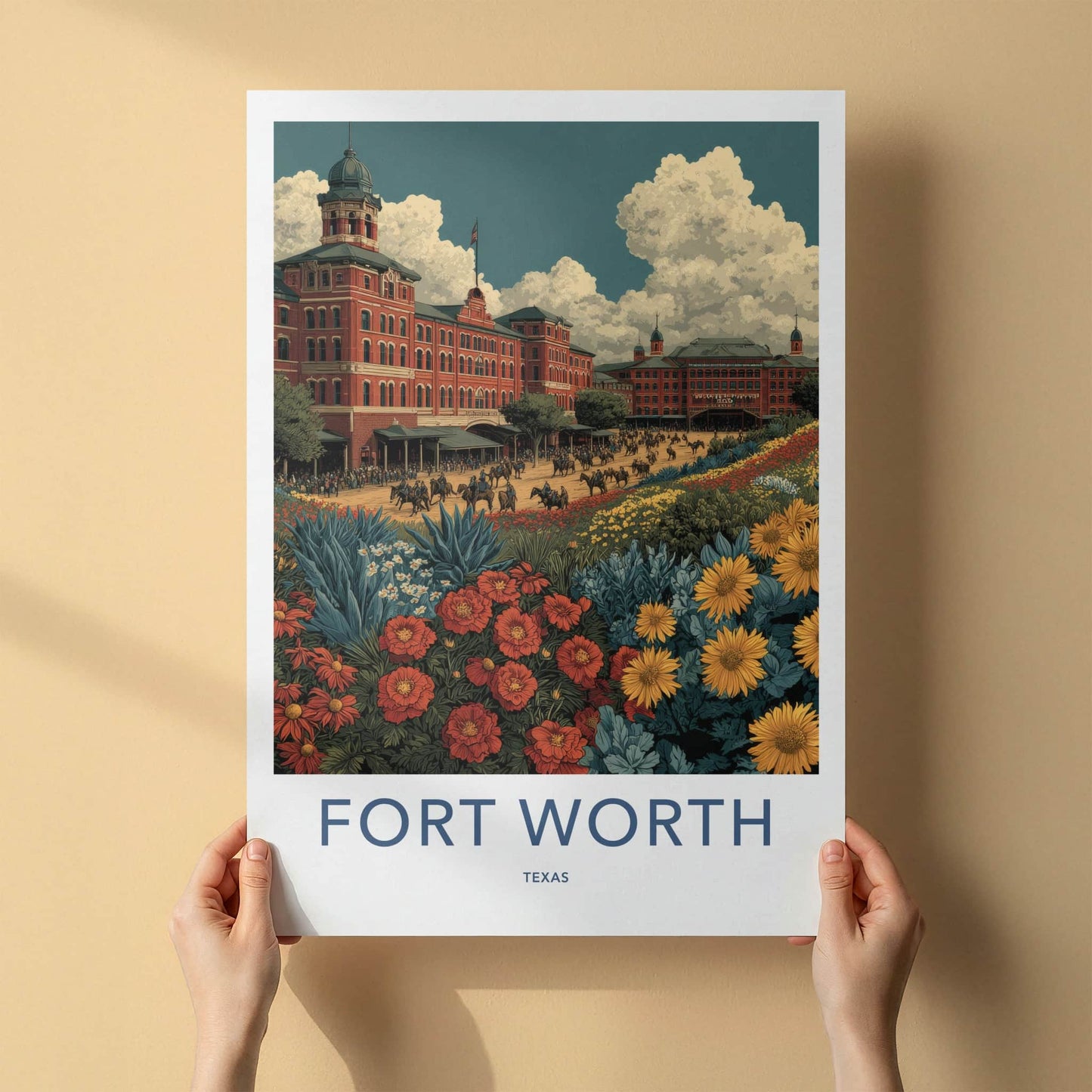 Fort Worth Poster - Texas Travel Art - Historic Stockyards Floral Home Decor