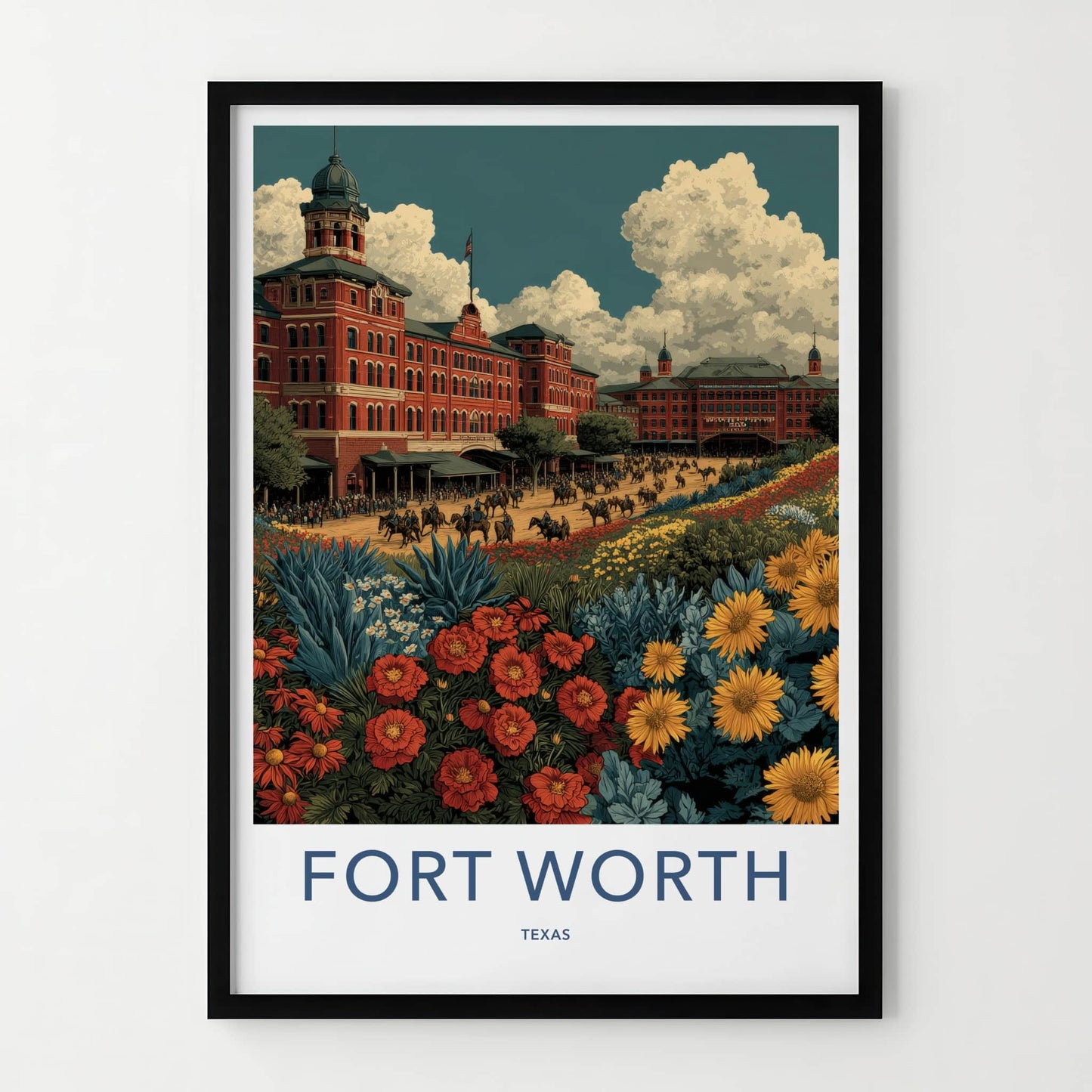 Fort Worth Poster - Texas Travel Art - Historic Stockyards Floral Home Decor