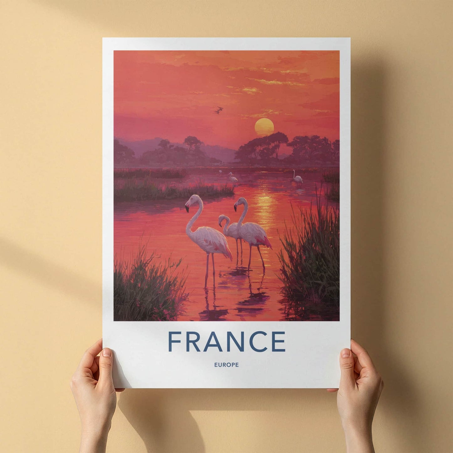 France Poster - France Travel Art - Sunset Flamingos Home Decor