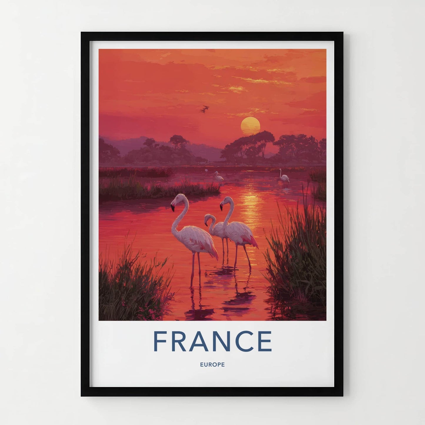 France Poster - France Travel Art - Sunset Flamingos Home Decor