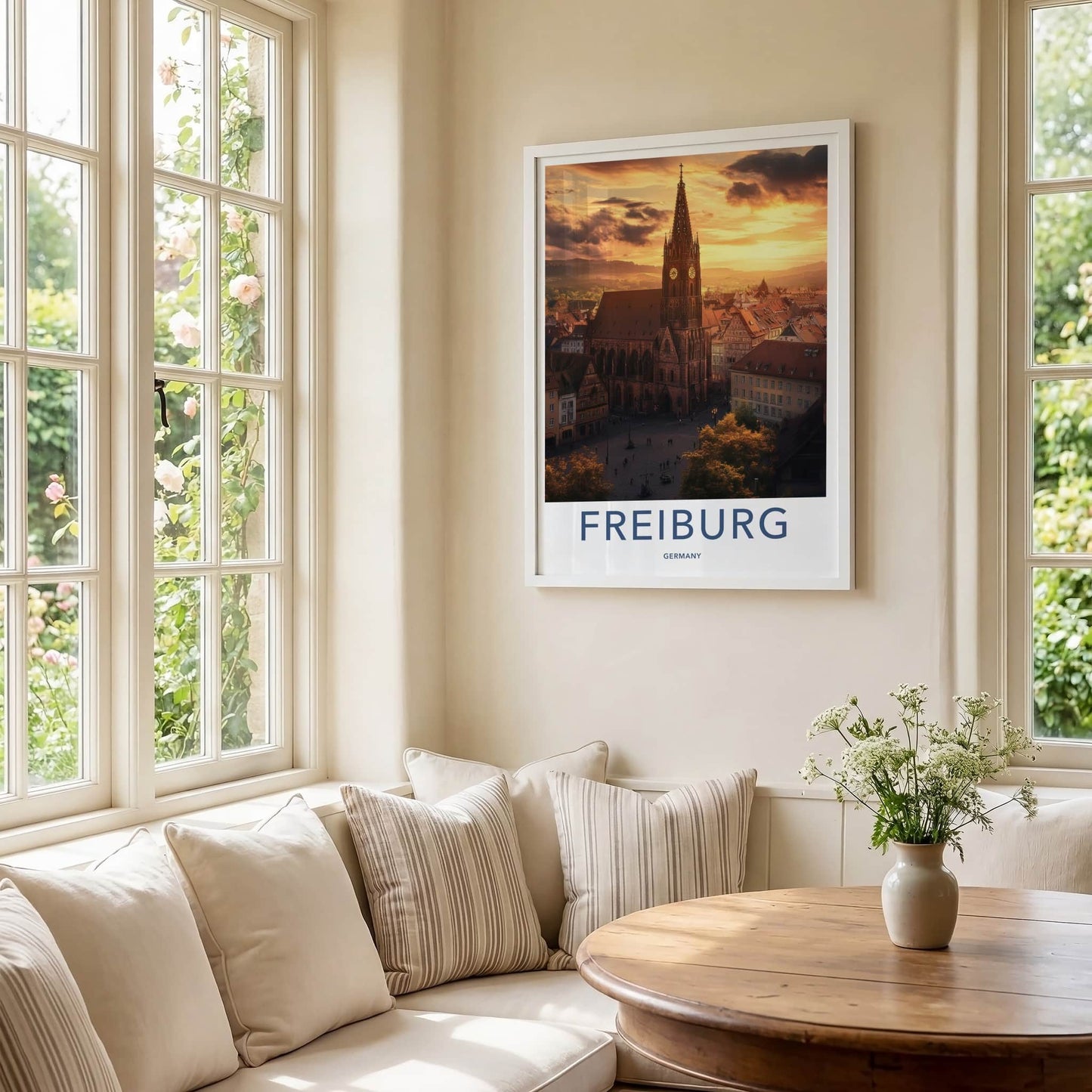 Freiburg Poster - Germany Travel Art - Spire Cityscape Glow Home Decor