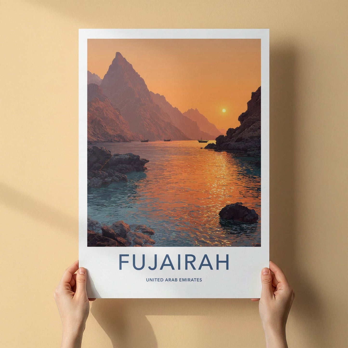 Fujairah Poster - United Arab Emirates Mountain Sunset Boat Travel Art