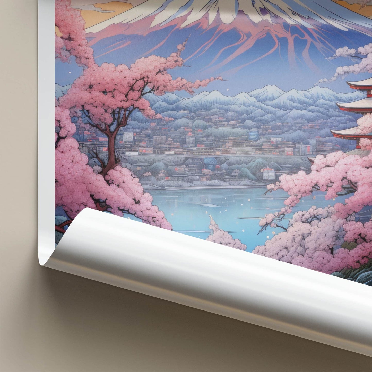Fuji-San Poster - Japan Travel Art - Mountain Pagoda Blossoms Wall Decor