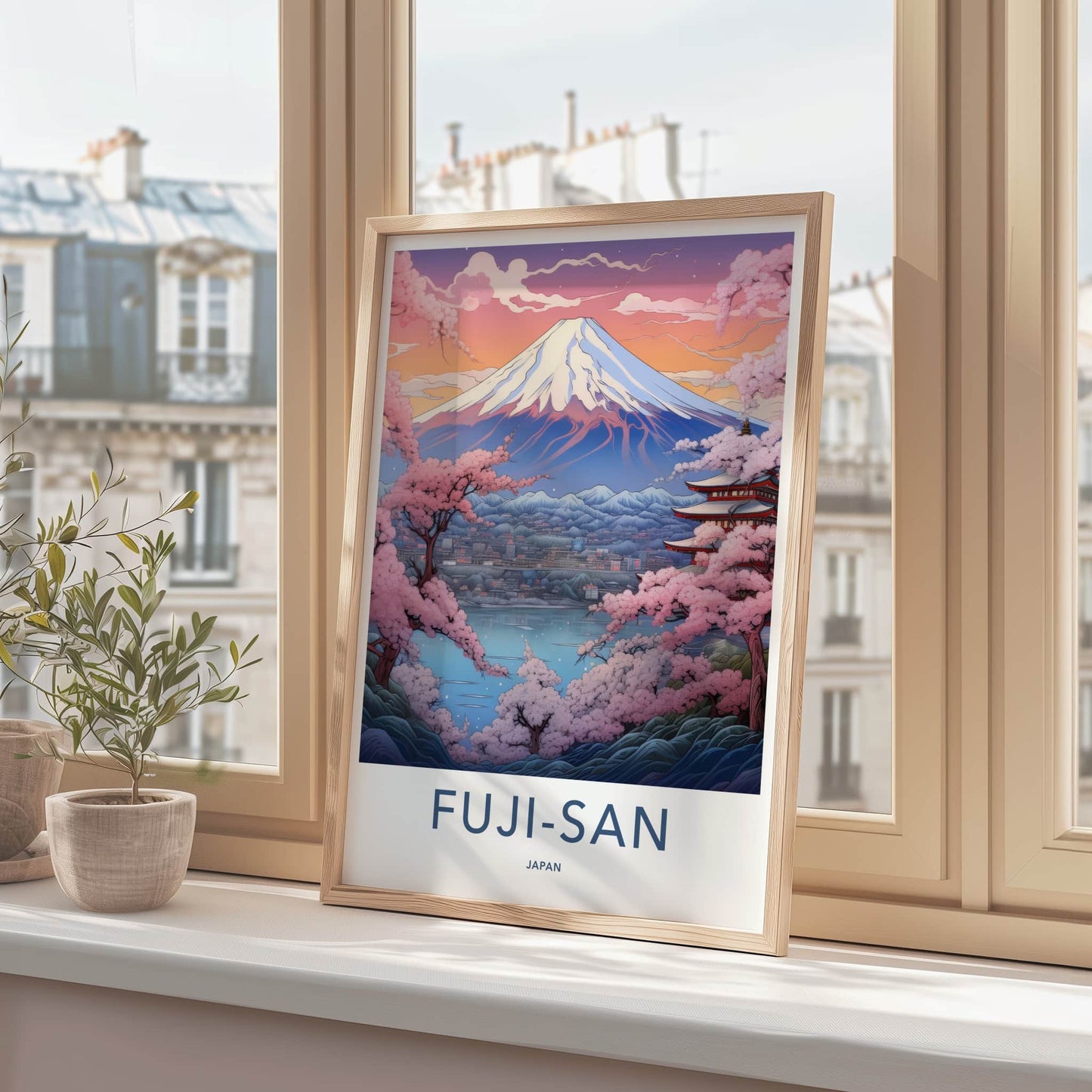 Fuji-San Poster - Japan Travel Art - Mountain Pagoda Blossoms Wall Decor