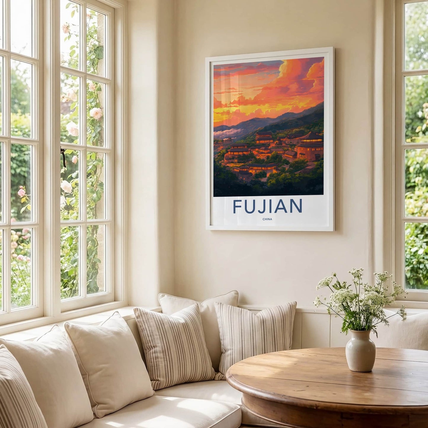 Fujian Poster - China Travel Art - Illuminated Village Sunset Home Decor