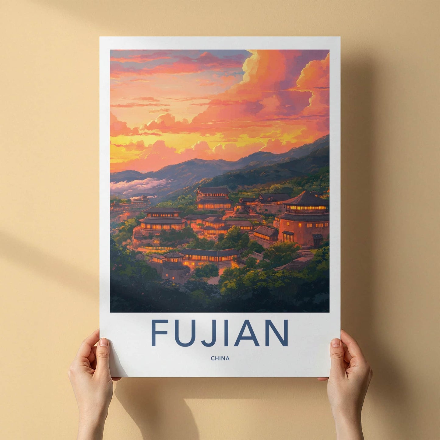 Fujian Poster - China Travel Art - Illuminated Village Sunset Home Decor