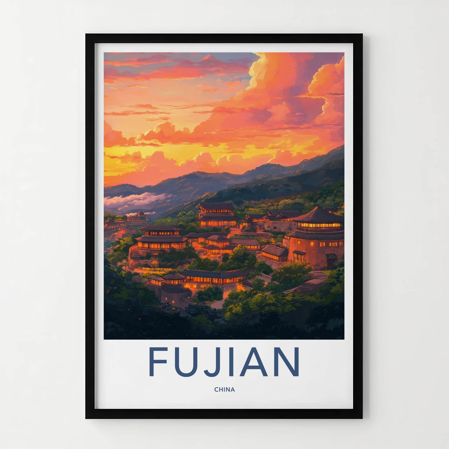 Fujian Poster - China Travel Art - Illuminated Village Sunset Home Decor