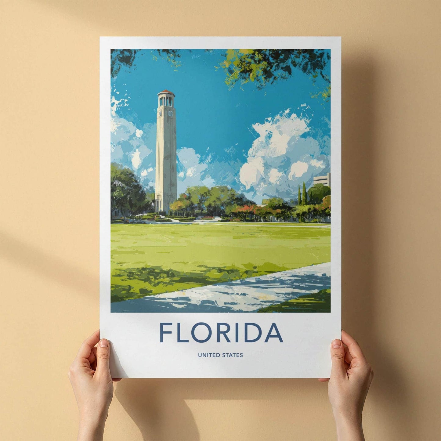 Gainesville Poster - Florida Travel Art - Historic campus tower Wall Decor
