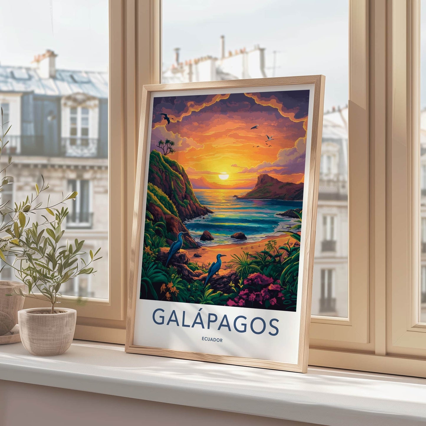 Galapagos Poster - Ecuador Travel Art - Coastal Sunset Birds Home Decor