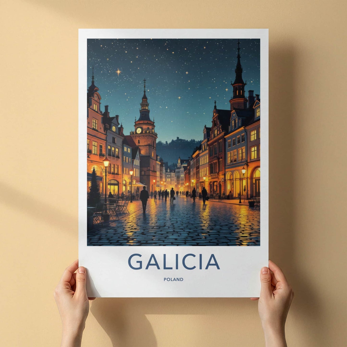Galicia Poster - Poland Travel Art - Starry Cobblestone Street Wall Decor