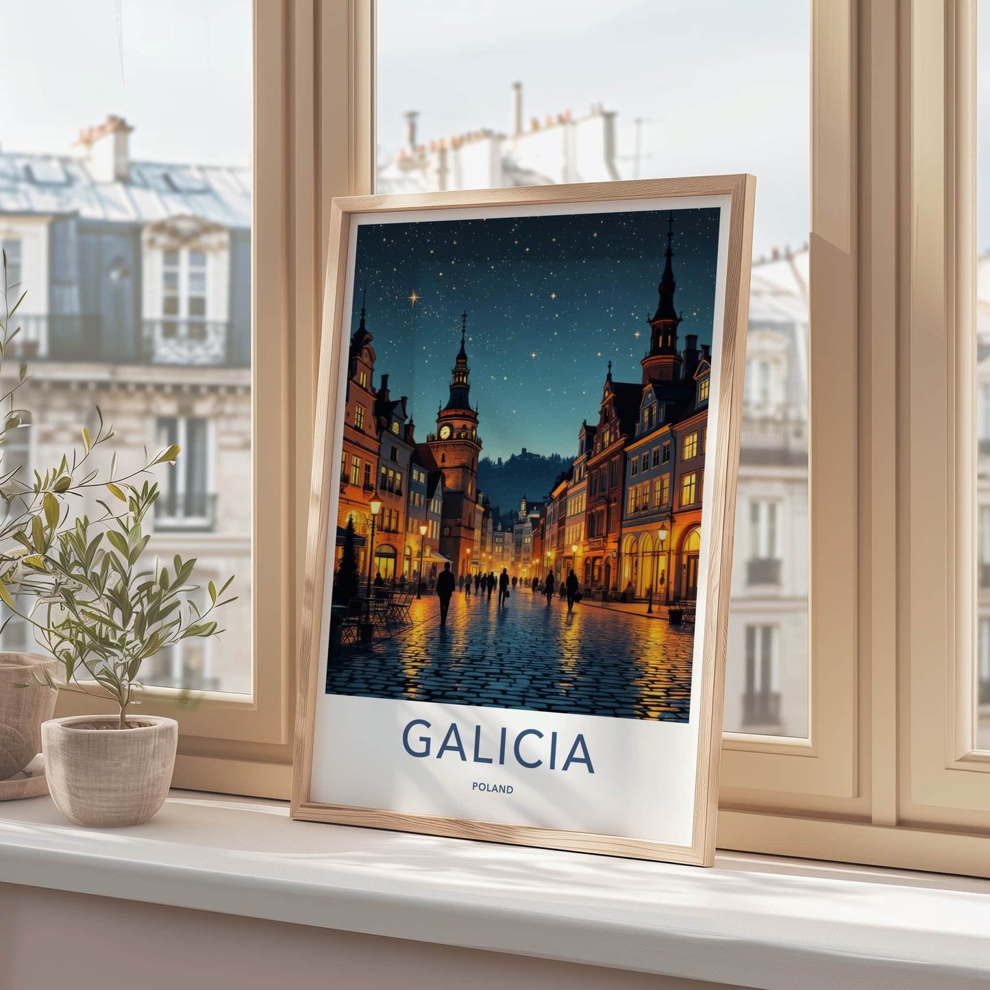 Galicia Poster - Poland Travel Art - Starry Cobblestone Street Wall Decor