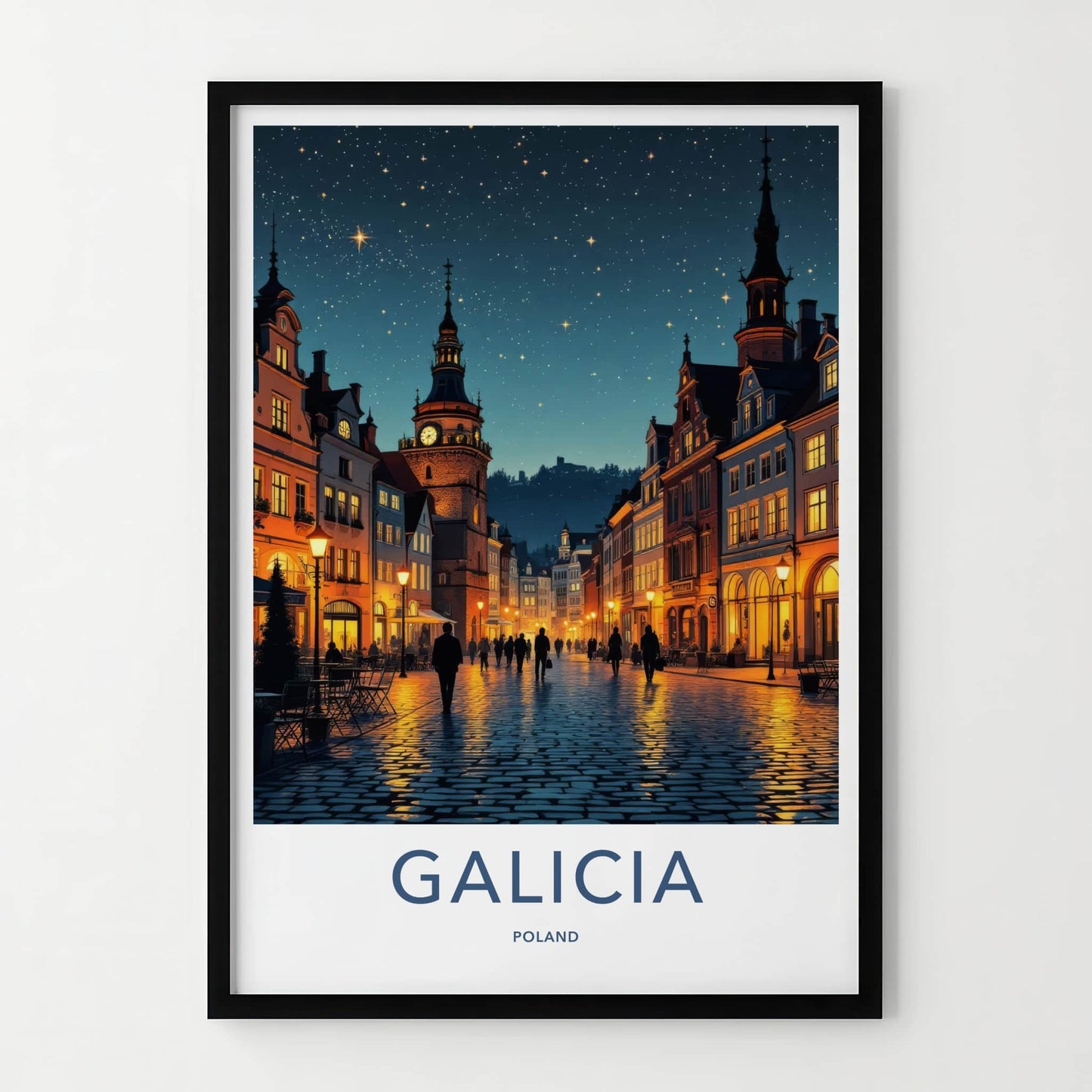 Galicia Poster - Poland Travel Art - Starry Cobblestone Street Wall Decor