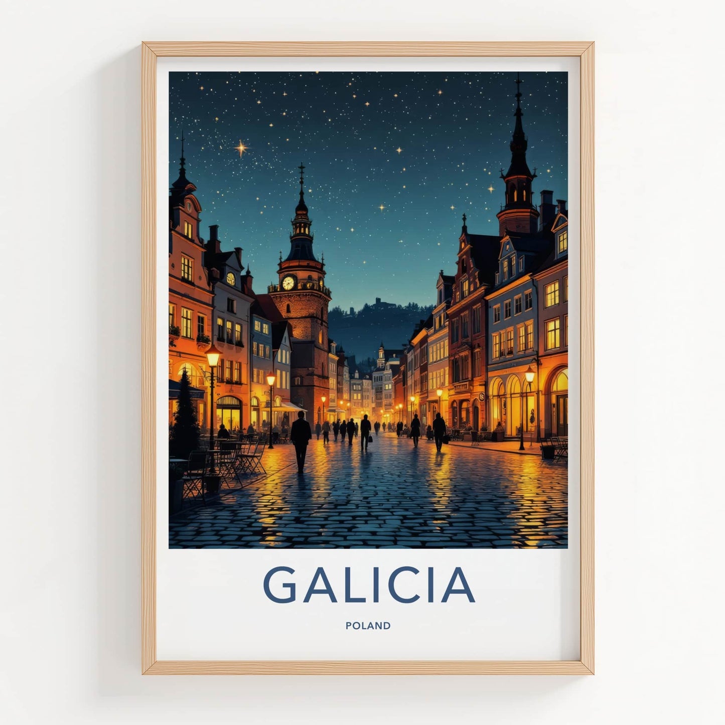 Galicia Poster - Poland Travel Art - Starry Cobblestone Street Wall Decor