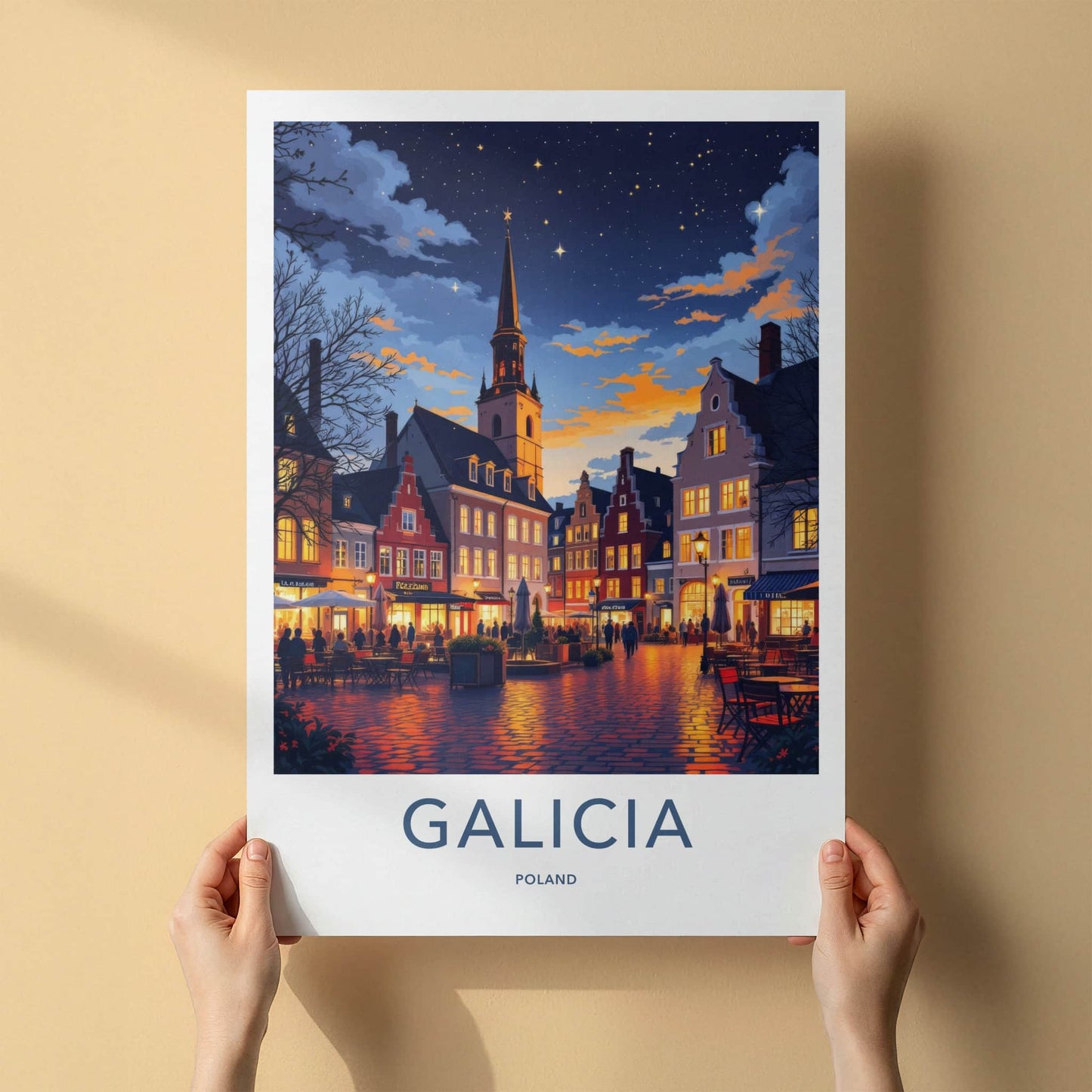Galicia Poster - Poland Travel Print - Starlit Town Square Wall Decor