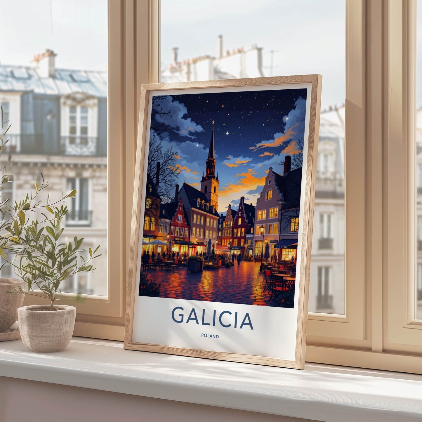 Galicia Poster - Poland Travel Print - Starlit Town Square Wall Decor