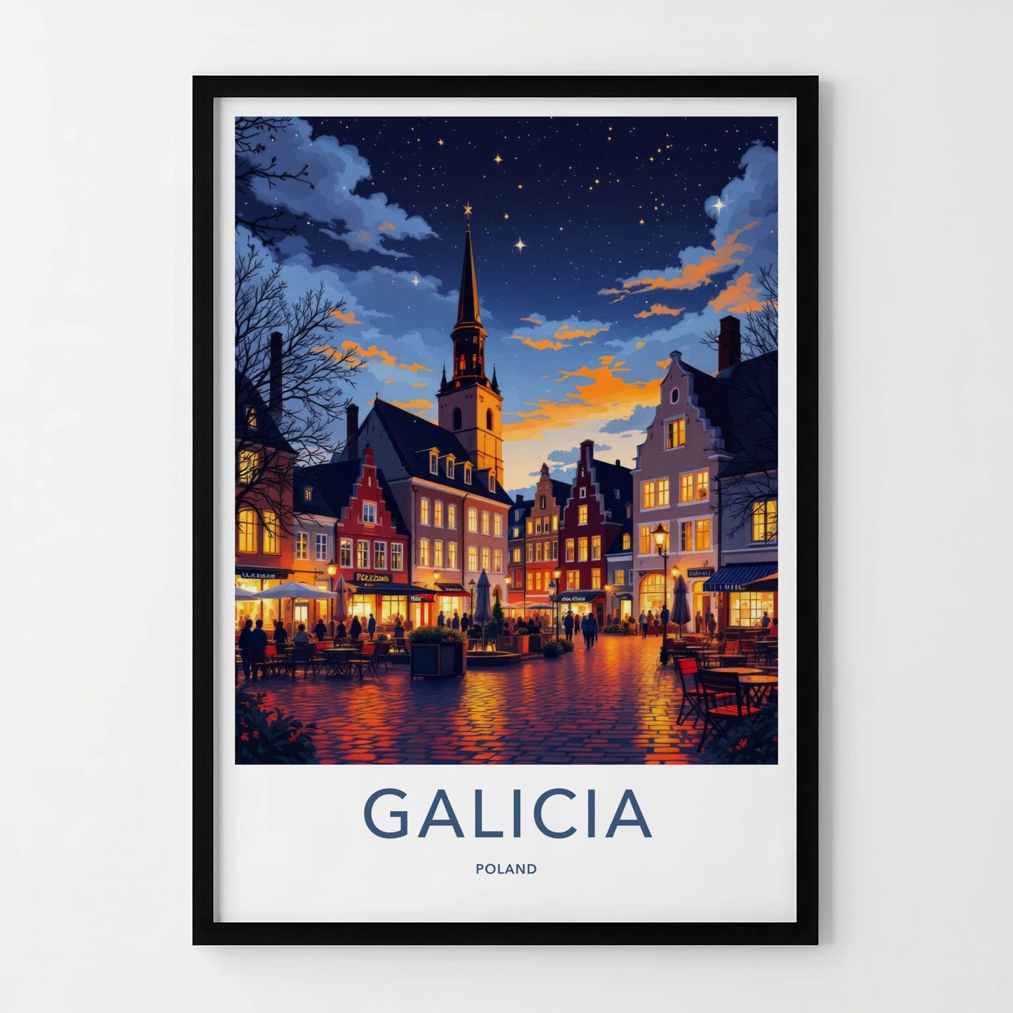 Galicia Poster - Poland Travel Print - Starlit Town Square Wall Decor