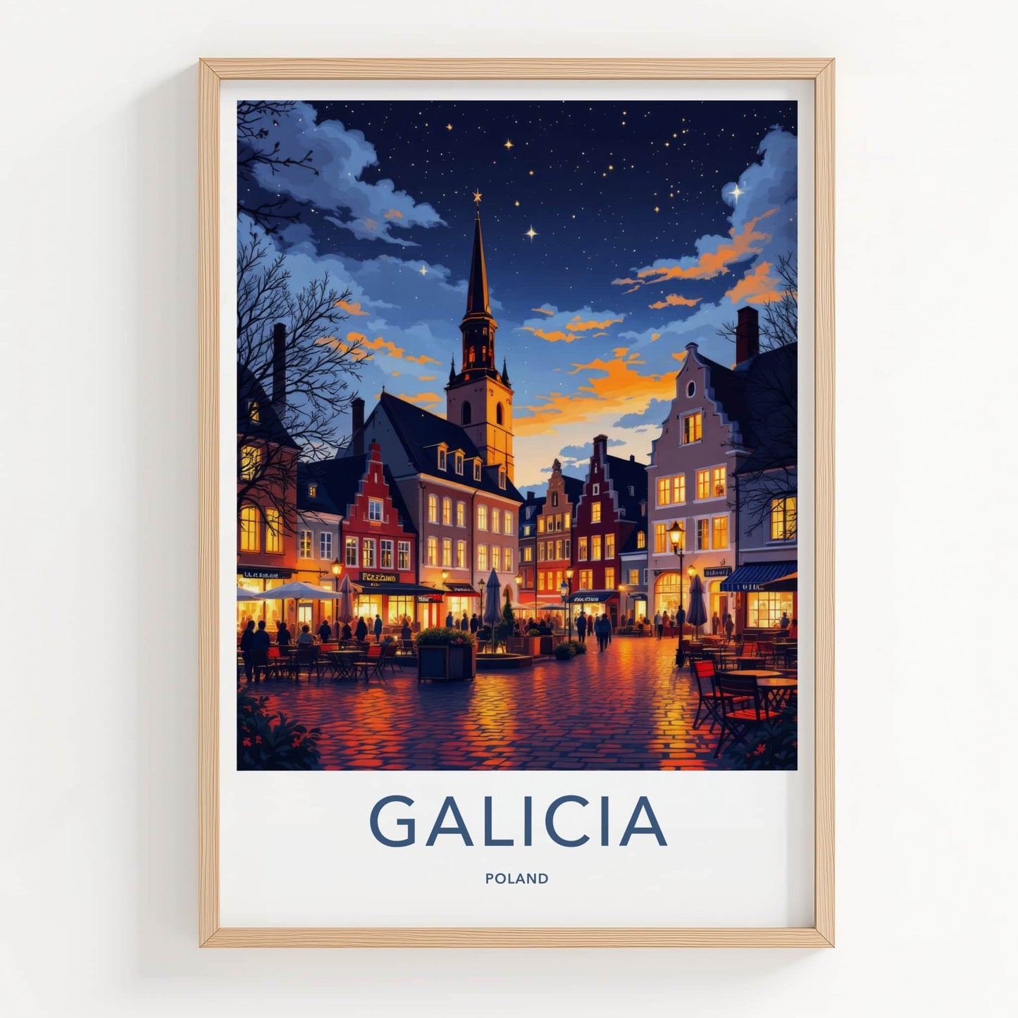 Galicia Poster - Poland Travel Print - Starlit Town Square Wall Decor