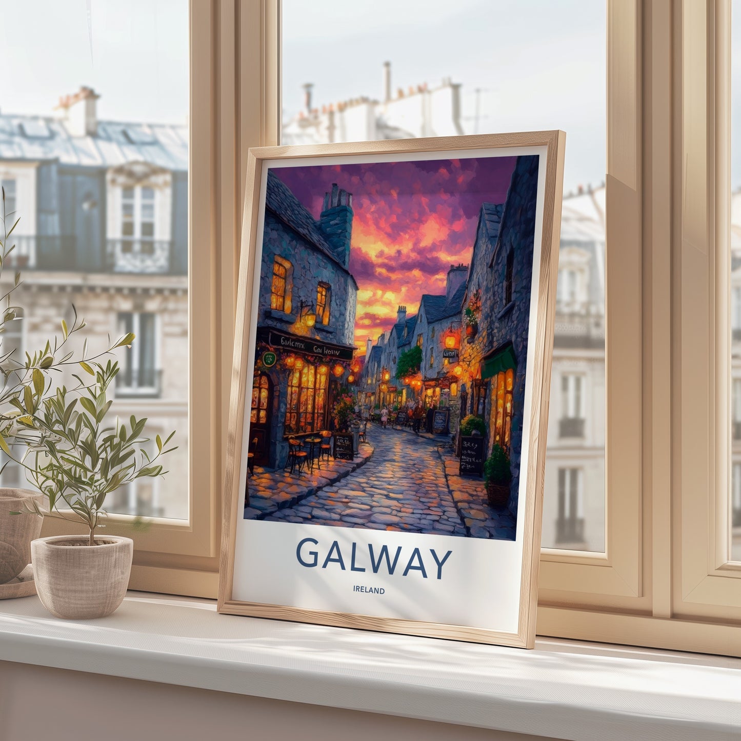 Galway Poster - Ireland Travel Art - Illuminated Street Scene Home Decor