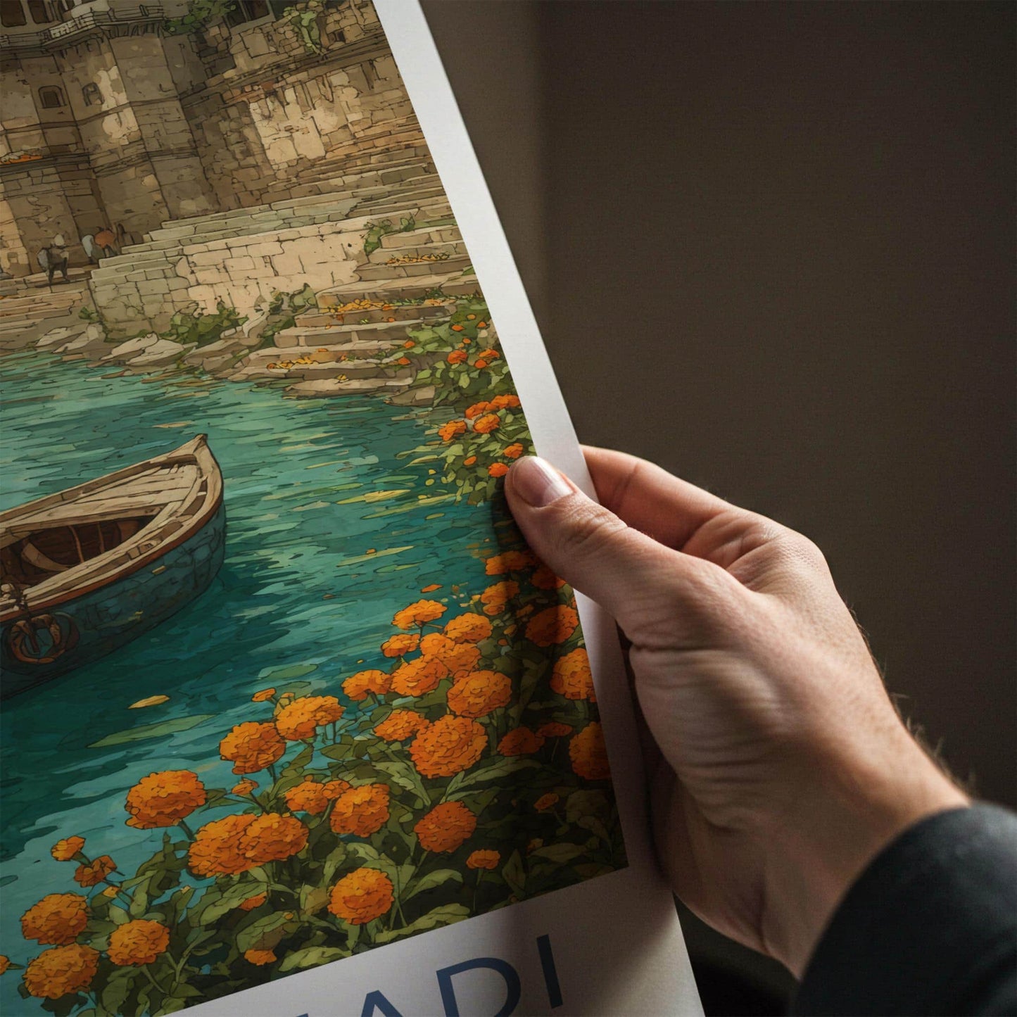 Ganga Nadi Poster - India Travel Art - Uttar Pradesh Boats Ghats Home Decor
