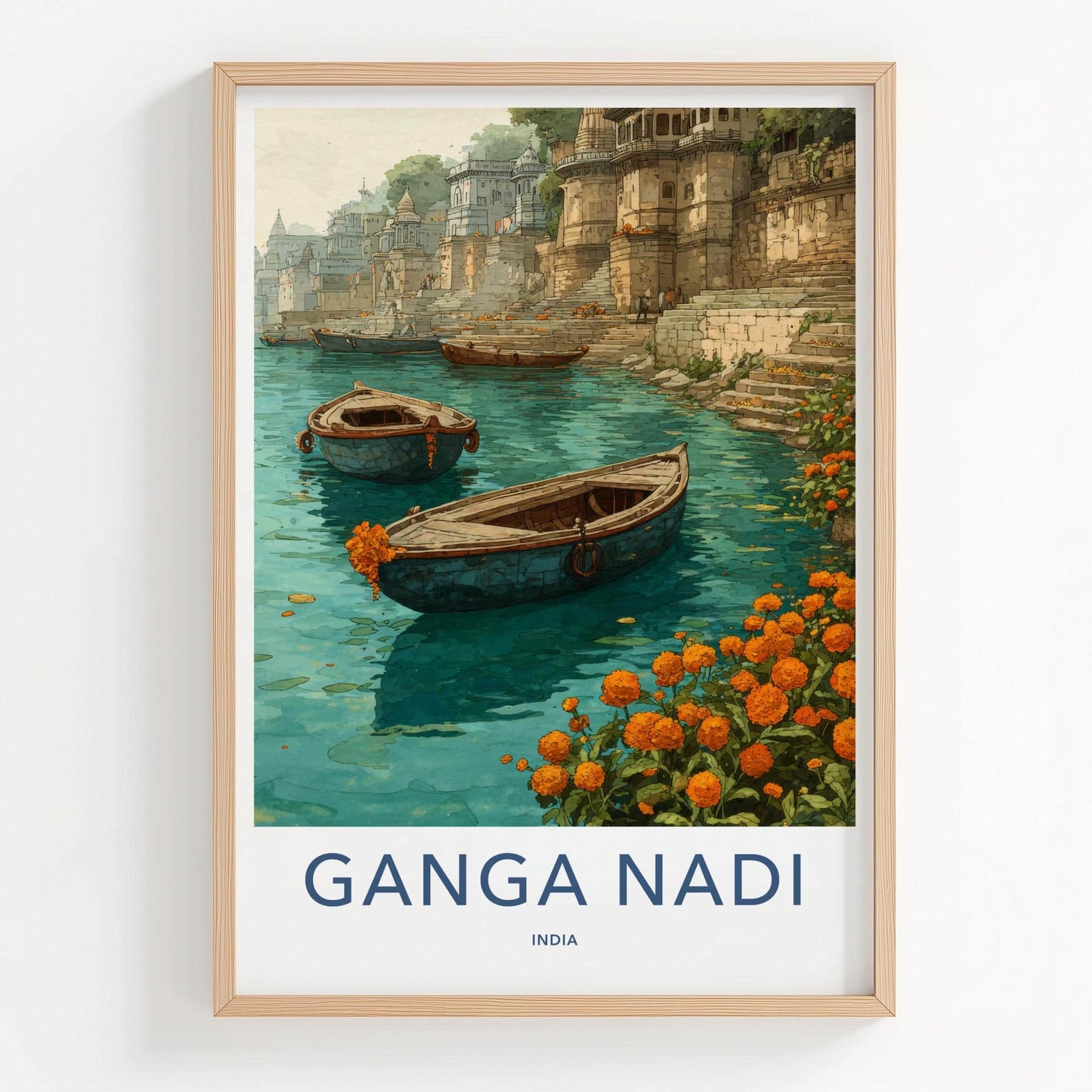 Ganga Nadi Poster - India Travel Art - Uttar Pradesh Boats Ghats Home Decor