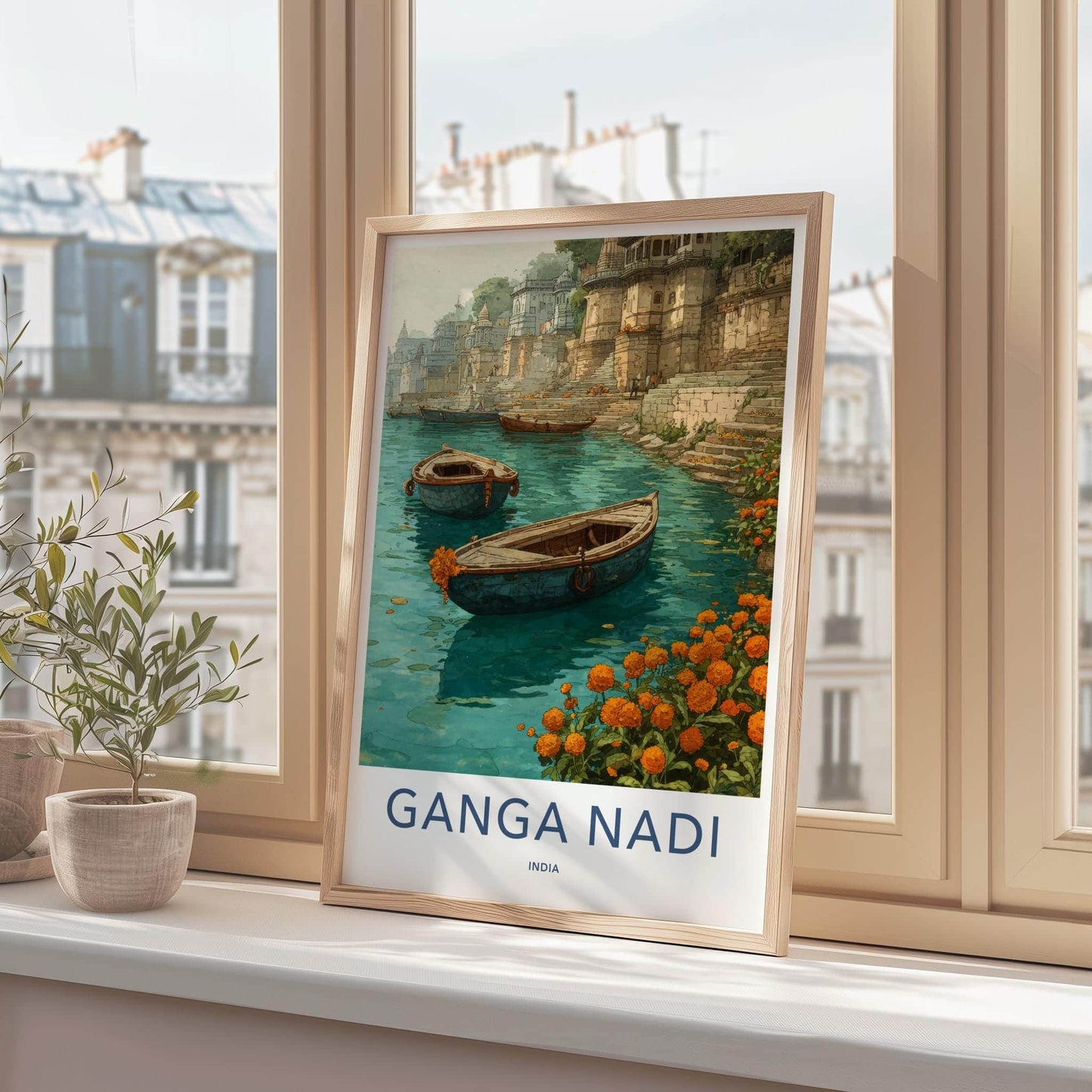 Ganga Nadi Poster - India Travel Art - Uttar Pradesh Boats Ghats Home Decor