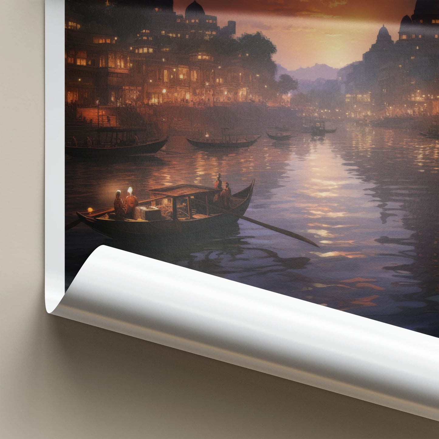 Ganga Nadi Poster - India Travel Art - Uttarakhand River Sunset Boats Home Decor