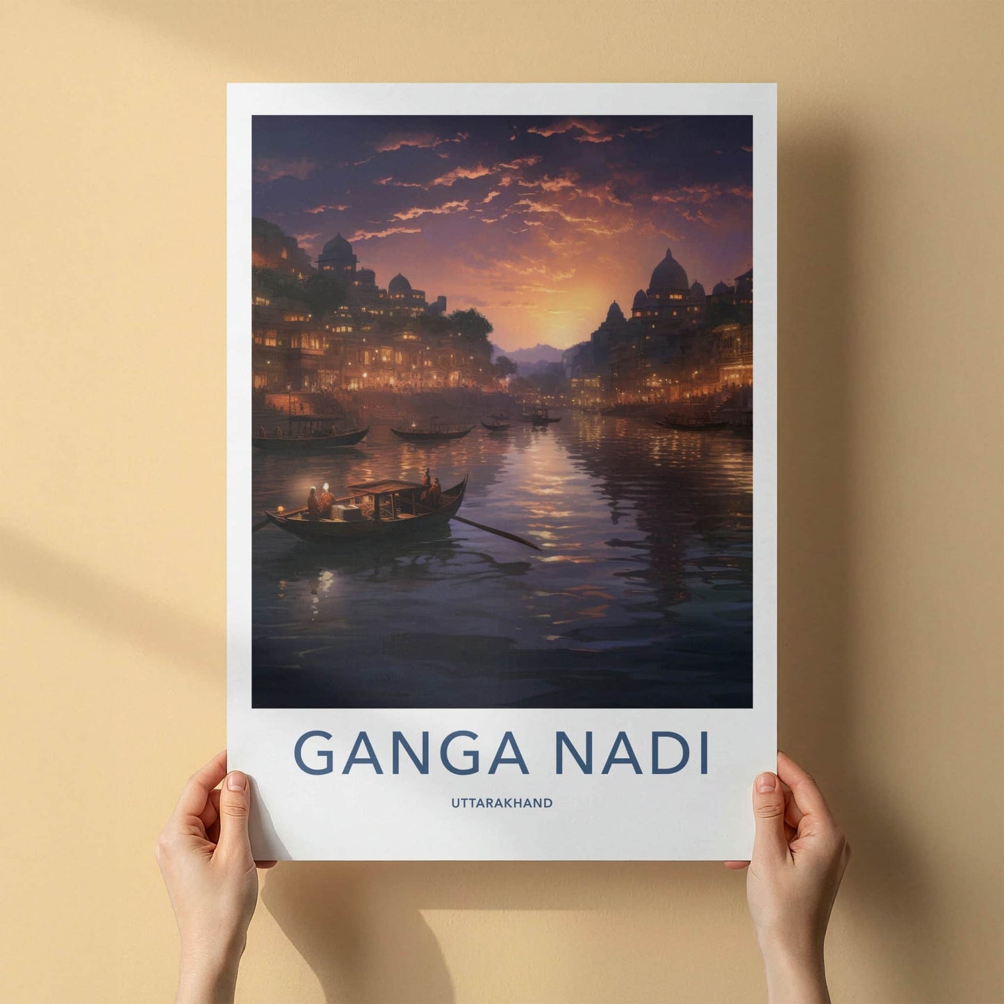 Ganga Nadi Poster - India Travel Art - Uttarakhand River Sunset Boats Home Decor
