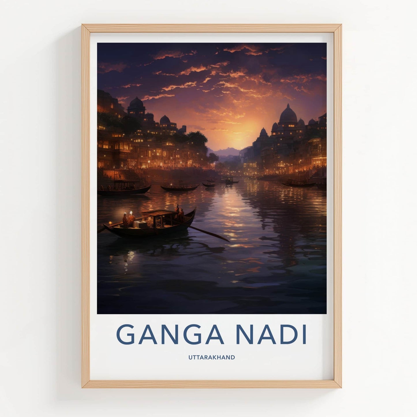 Ganga Nadi Poster - India Travel Art - Uttarakhand River Sunset Boats Home Decor