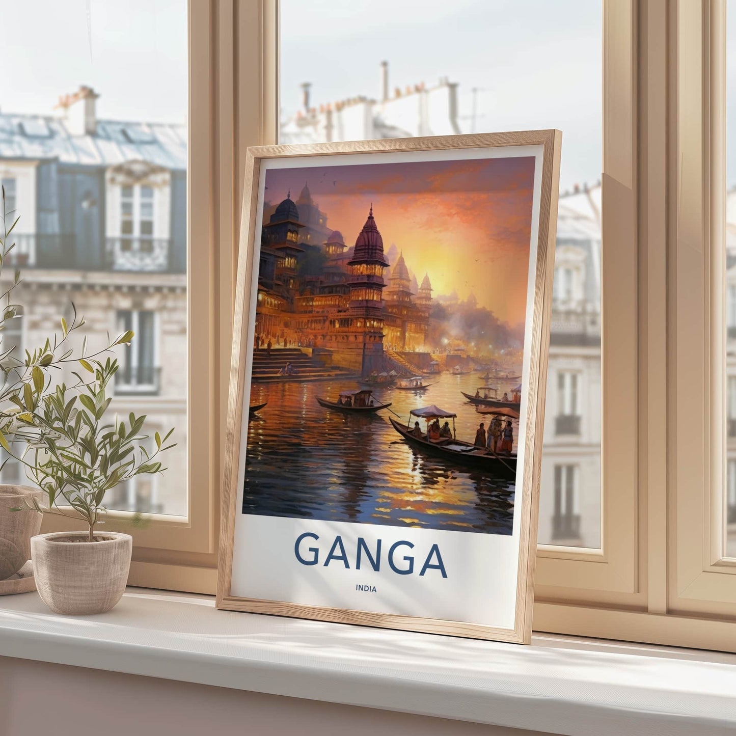 Ganga Poster - India Travel Art - Uttar Pradesh Ghats Temple River Home Decor