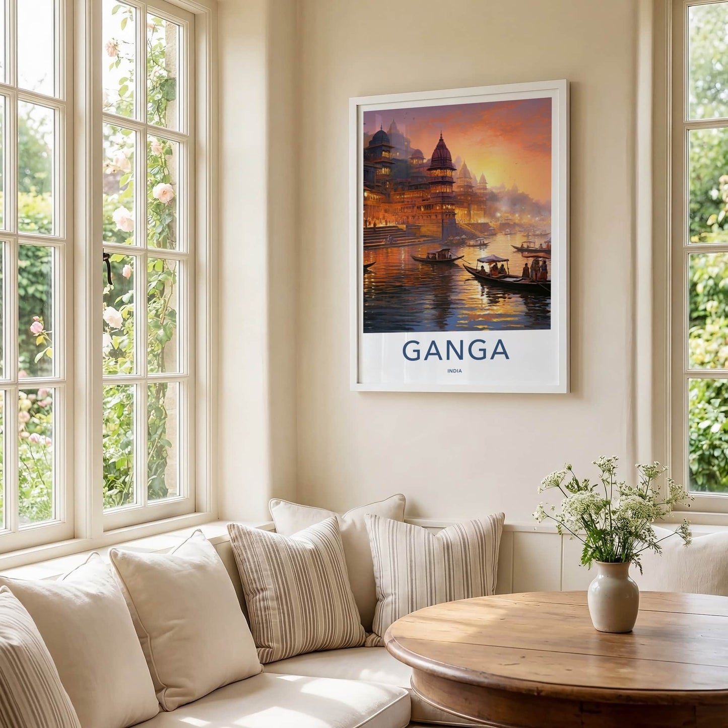 Ganga Poster - India Travel Art - Uttar Pradesh Ghats Temple River Home Decor