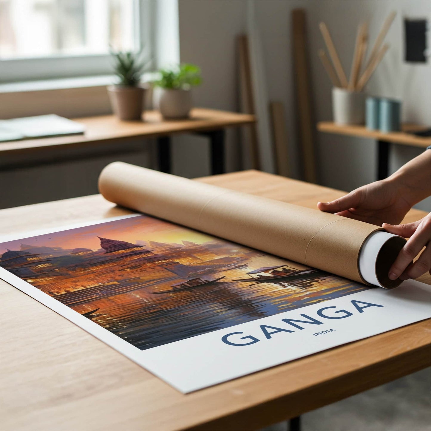 Ganga Poster - India Travel Art - Uttar Pradesh Ghats Temple River Home Decor