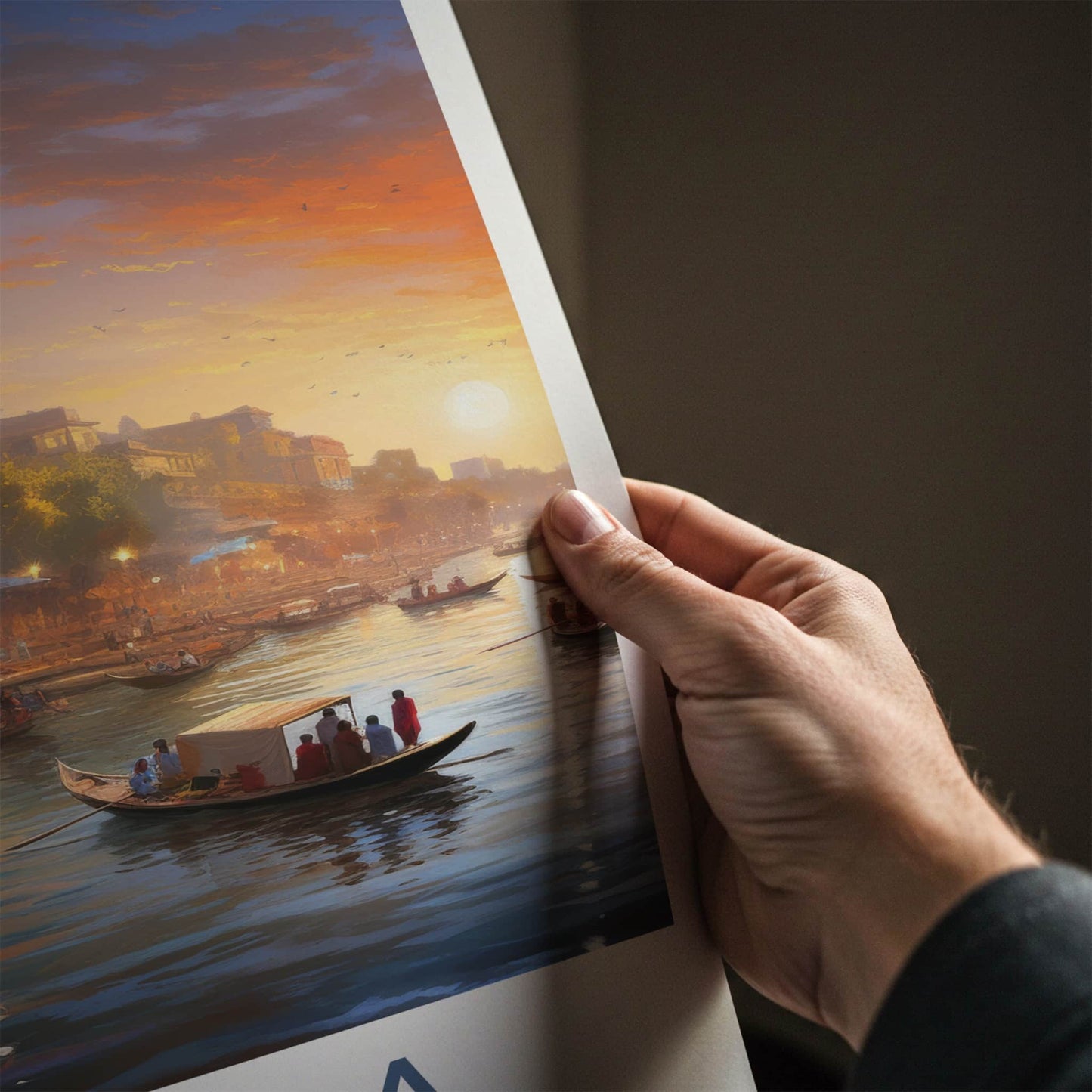 Ganga Poster - India Travel Art - Uttar Pradesh River Boats Sunset Home Decor