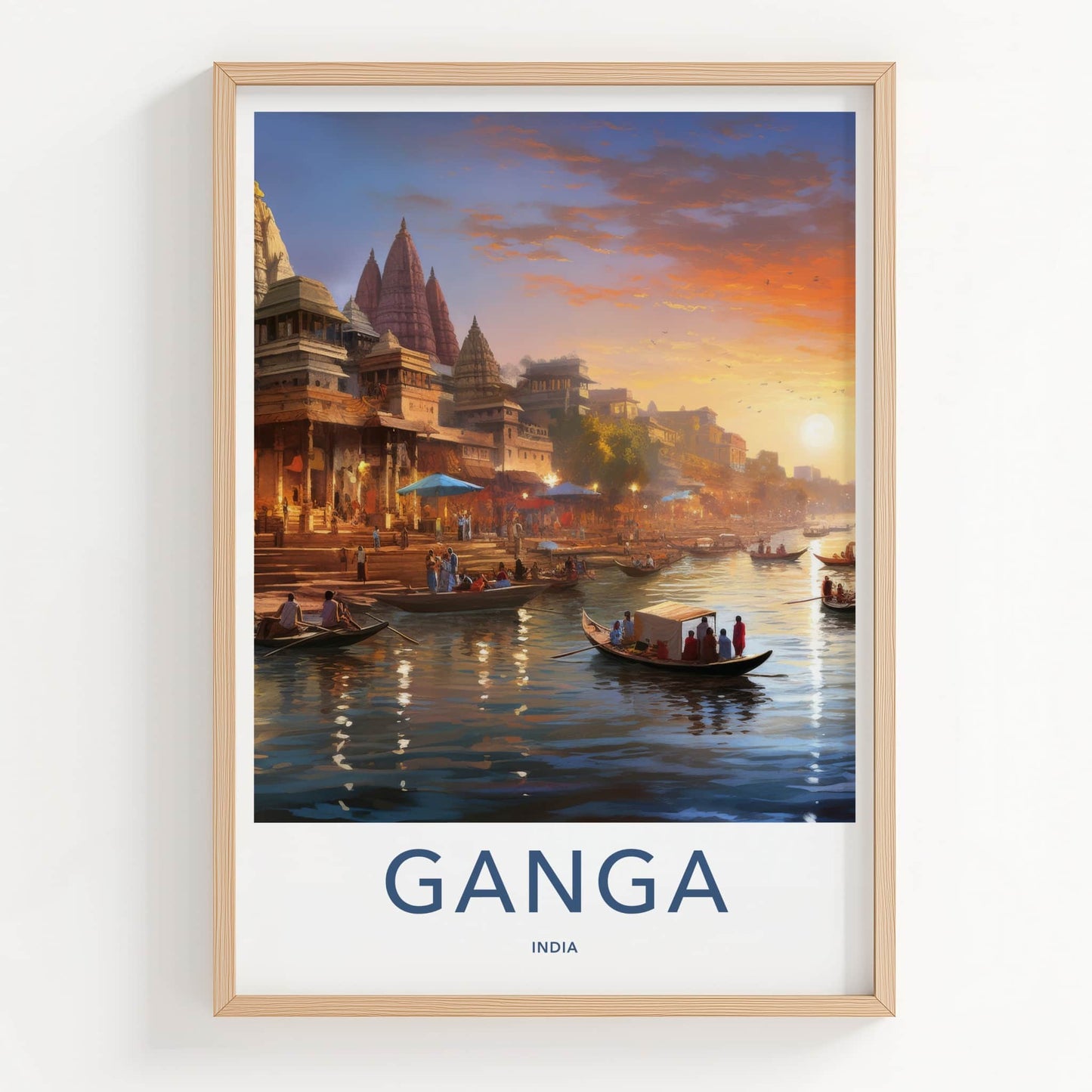 Ganga Poster - India Travel Art - Uttar Pradesh River Boats Sunset Home Decor