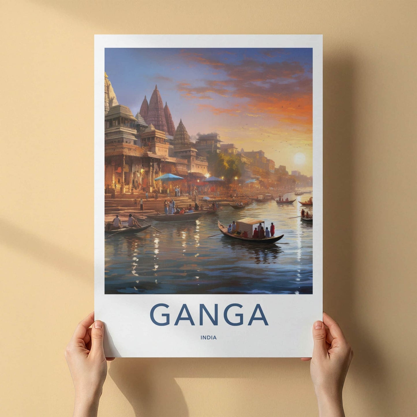 Ganga Poster - India Travel Art - Uttar Pradesh River Boats Sunset Home Decor