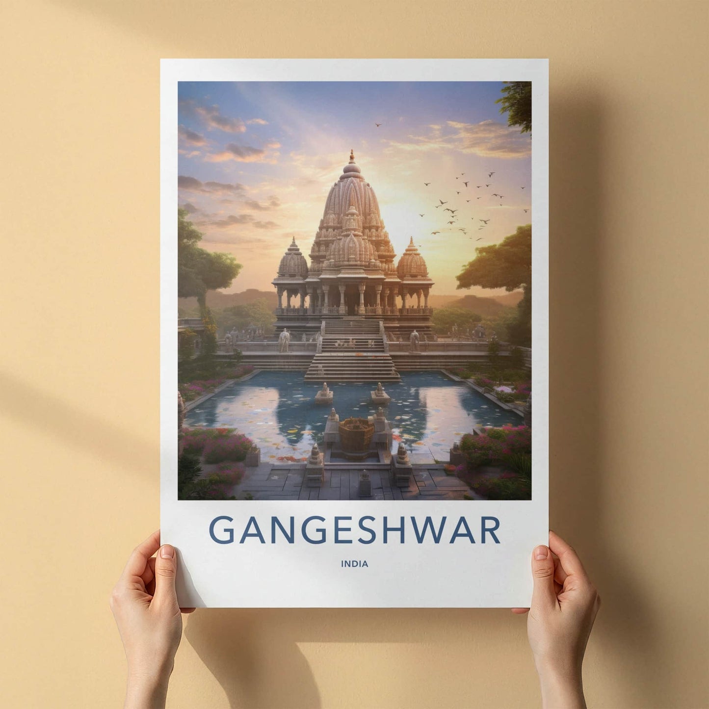 Gangeshwar Poster - India Travel Art - Gujarat Ornate Temple Pond Home Decor