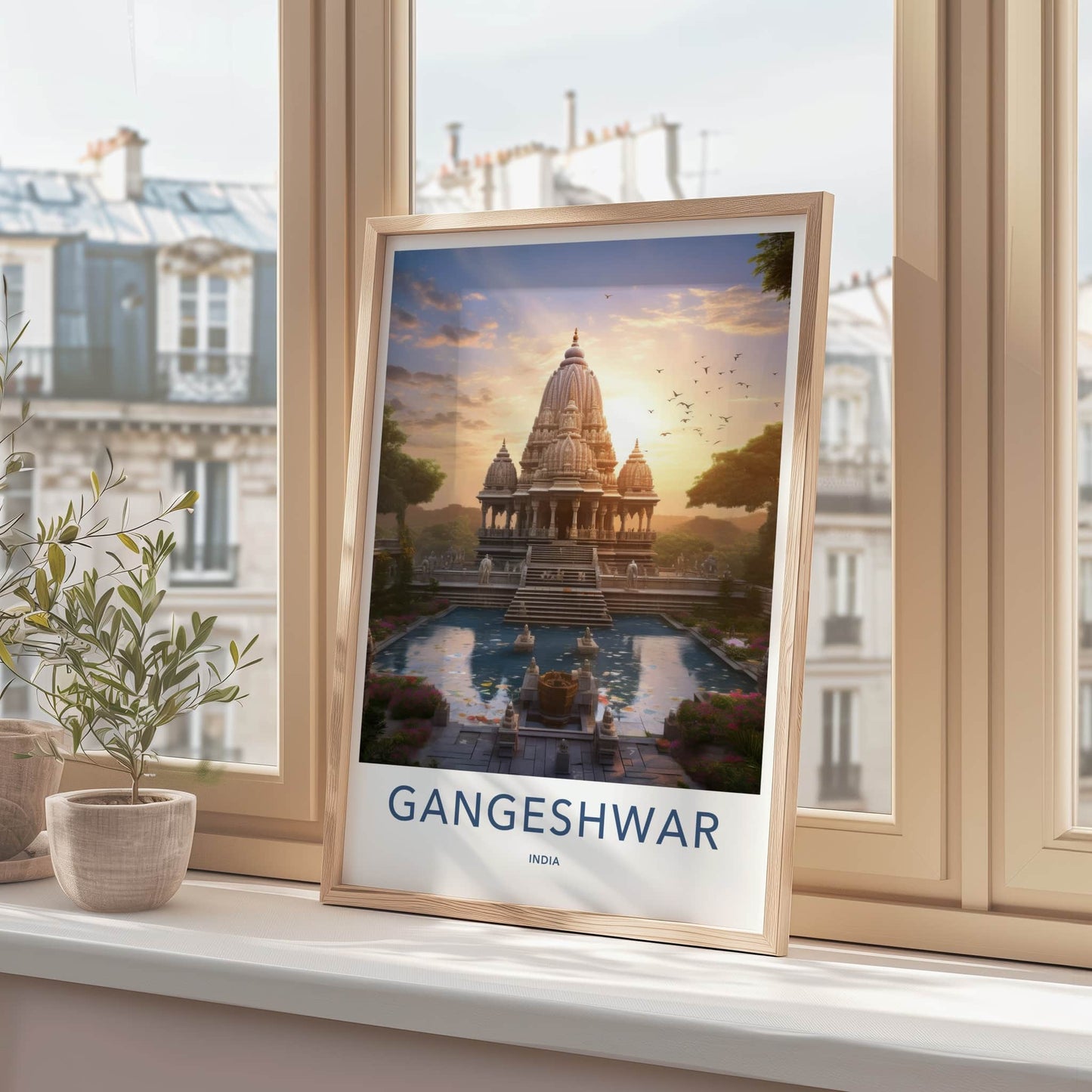 Gangeshwar Poster - India Travel Art - Gujarat Ornate Temple Pond Home Decor