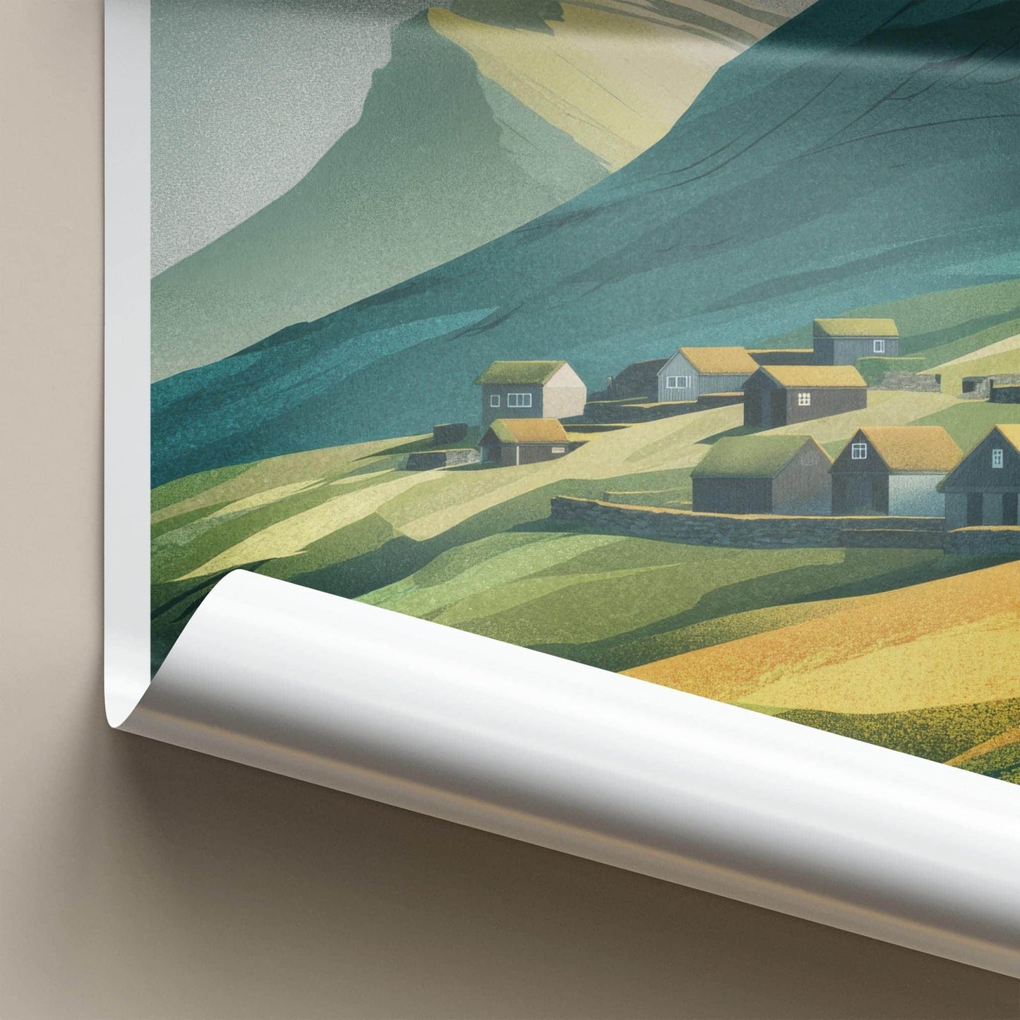 Gasadalur Poster - Faroe Islands Travel Art - Grassy Roof Village Home Decor