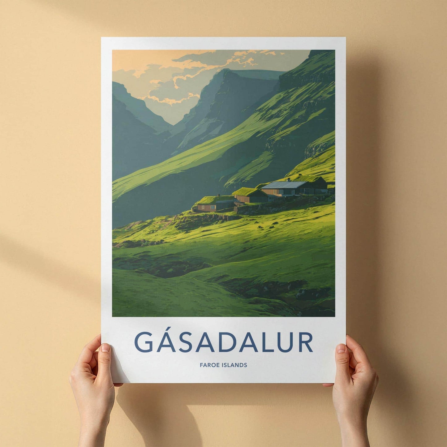 Gasadalur Poster - Faroe Islands Travel Art - Green Hillside Homes Home Decor
