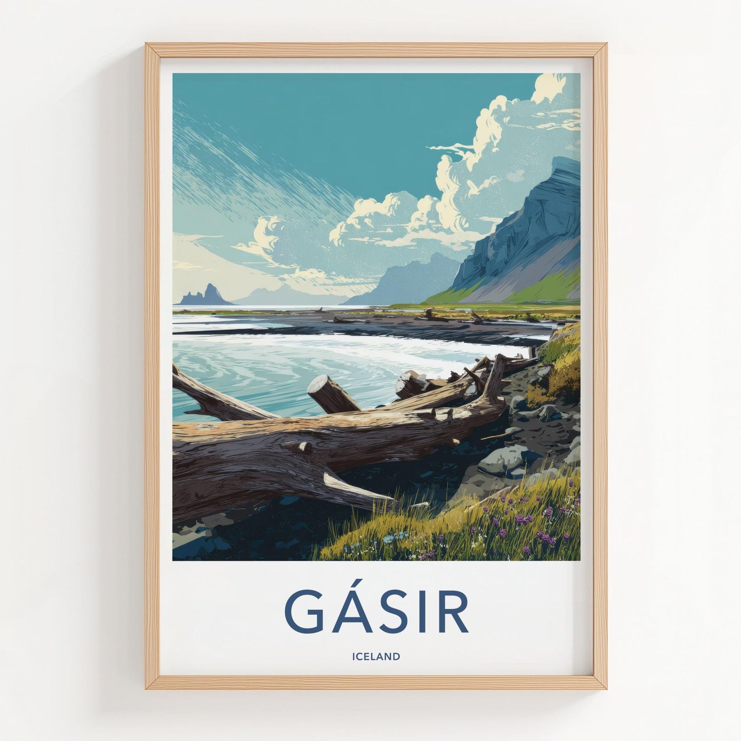 Gasir Poster - Iceland Travel Art - Mountain Lake Driftwood Home Decor