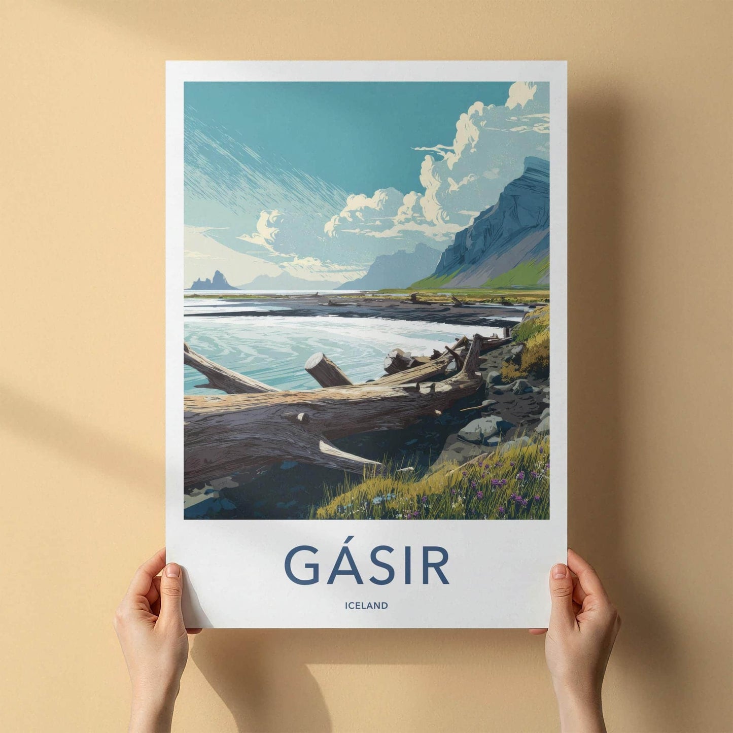 Gasir Poster - Iceland Travel Art - Mountain Lake Driftwood Home Decor