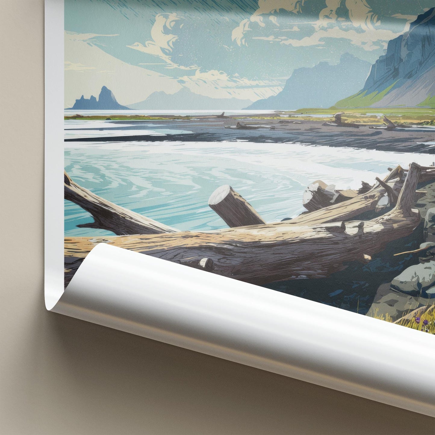 Gasir Poster - Iceland Travel Art - Mountain Lake Driftwood Home Decor