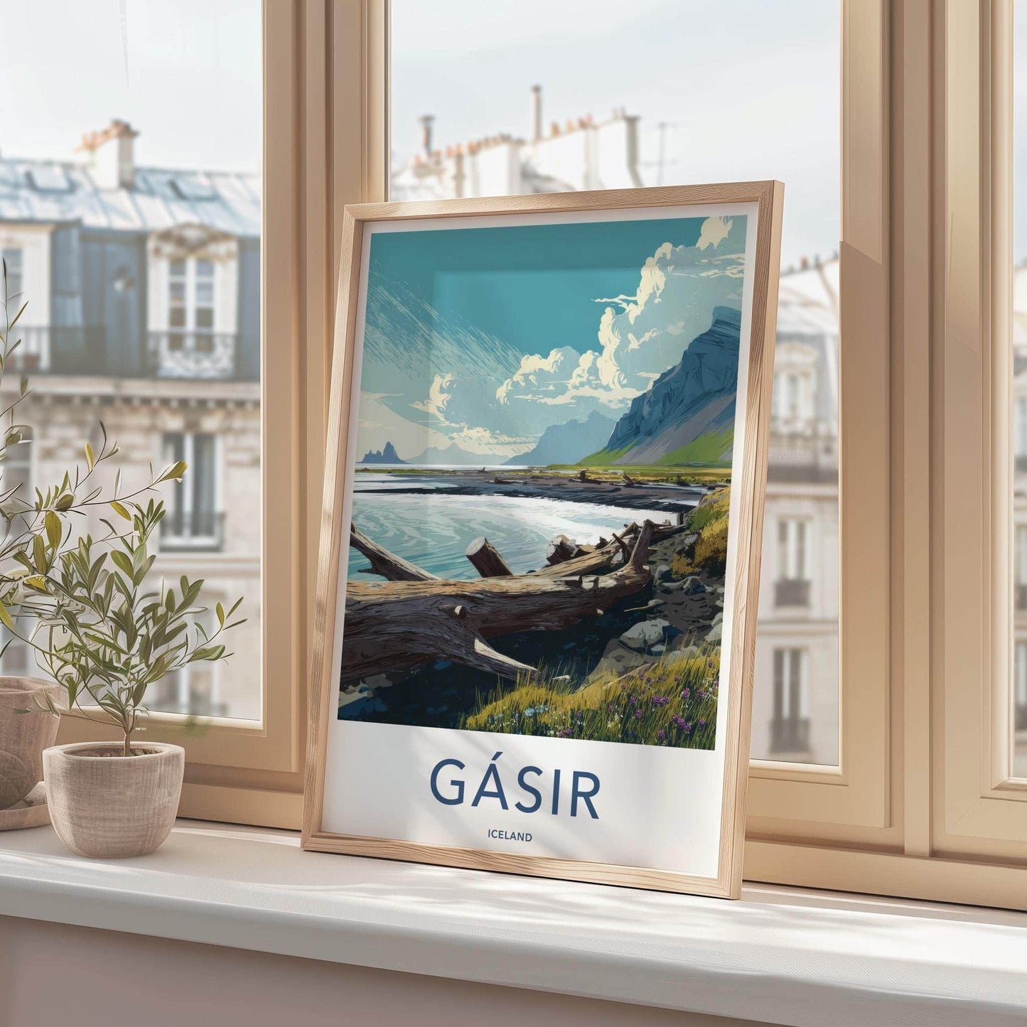 Gasir Poster - Iceland Travel Art - Mountain Lake Driftwood Home Decor