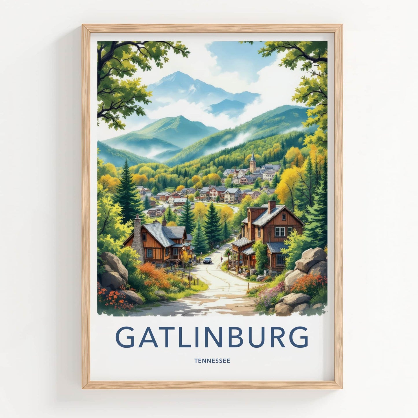 Gatlinburg Poster - Tennessee Travel Art - Autumn Mountain Town Wall Decor