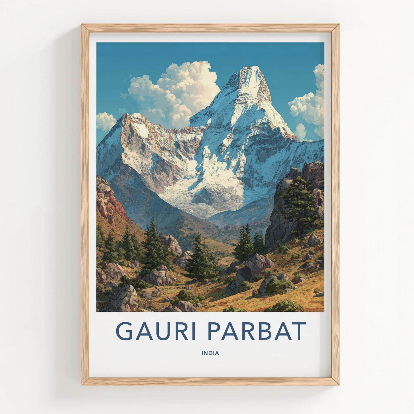 Gauri Parbat Poster - India Travel Art - Uttarakhand Snowy Peaks Green Wall Decor