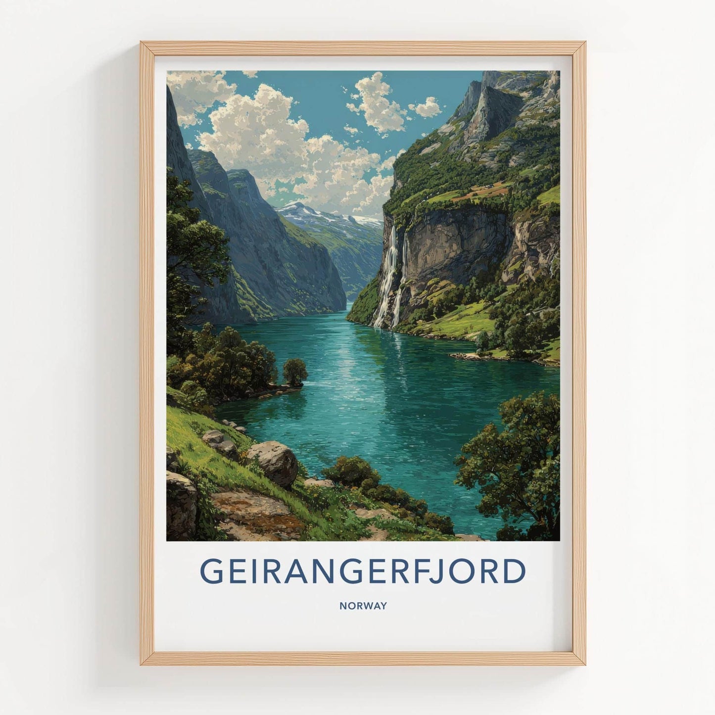 Geirangerfjord Poster - Norway Travel Art - Lush Fjord Waterfalls Home Decor