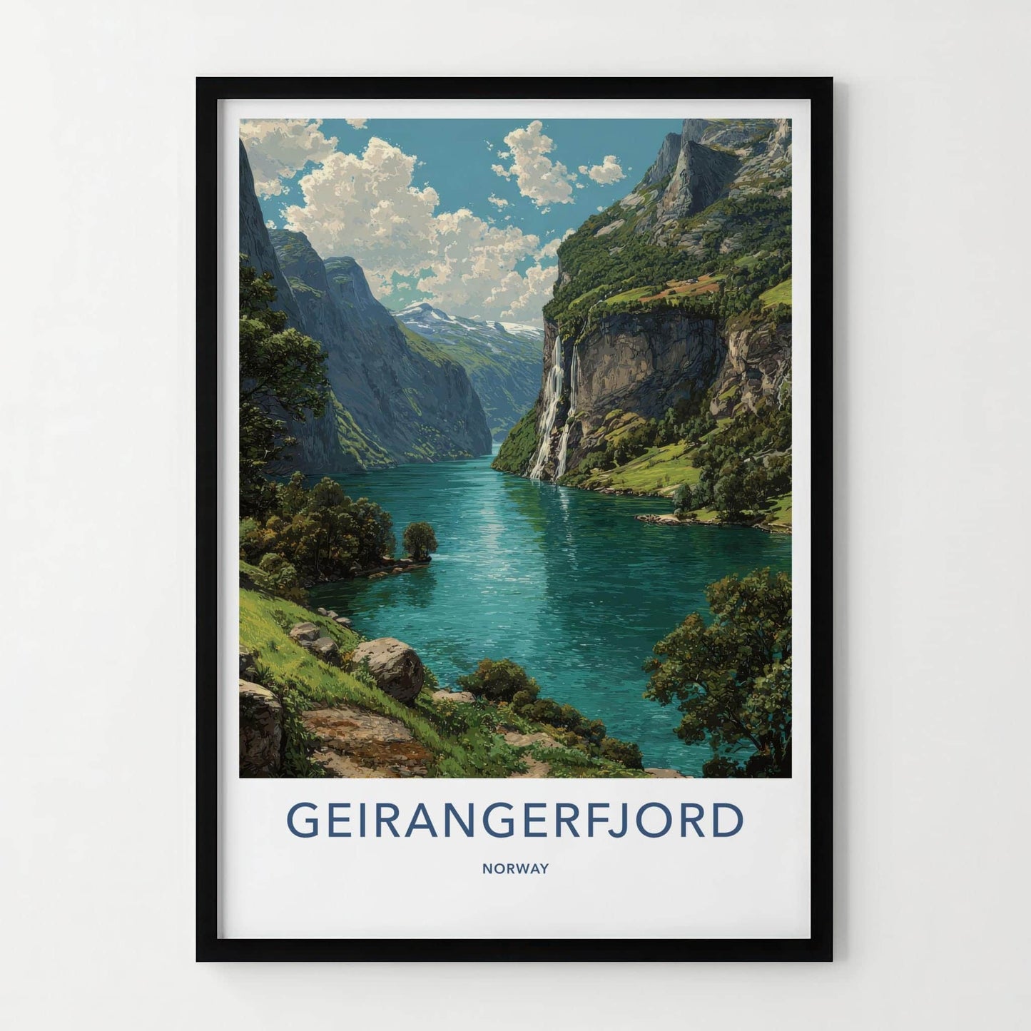 Geirangerfjord Poster - Norway Travel Art - Lush Fjord Waterfalls Home Decor