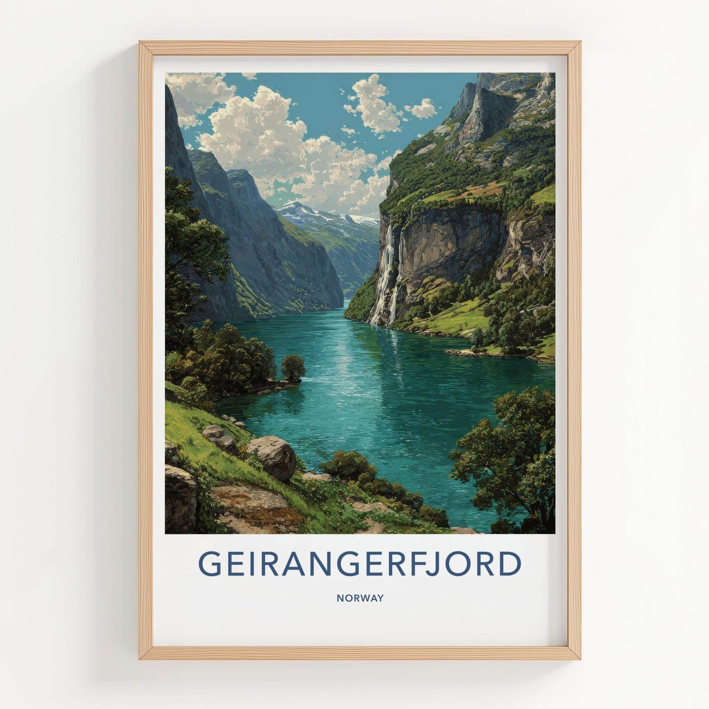 Geirangerfjord Poster - Norway Travel Art - Steep Cliffs Waterfall Home Decor