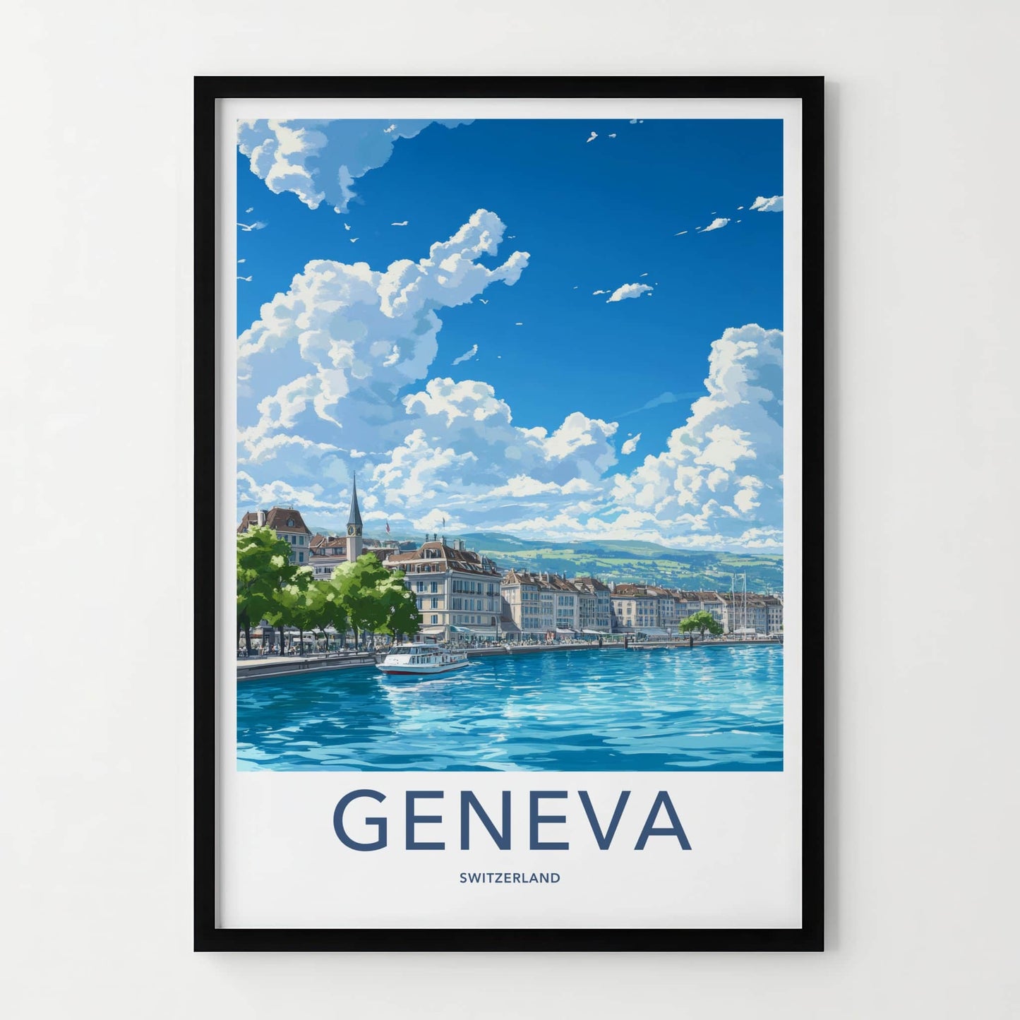 Geneva Poster - Switzerland Travel Art - Cityscape Lakeside Boat Home Decor