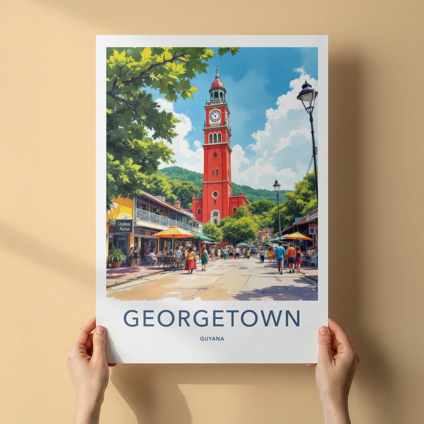 Georgetown Poster - Guyana Travel Art - Vibrant Red Clock Tower Wall Decor