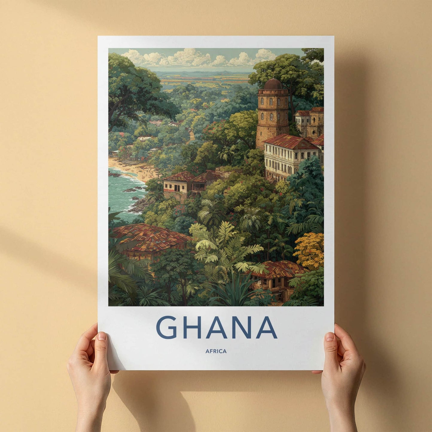 Ghana Poster - Africa Travel Art - Jungle Coastal Tower Home Decor